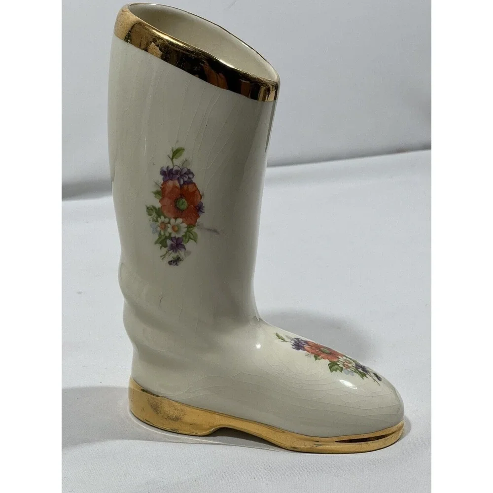 Vintage Ceramic Boot Vase Planter Hand Painted Cottagecore Farmhouse Garden